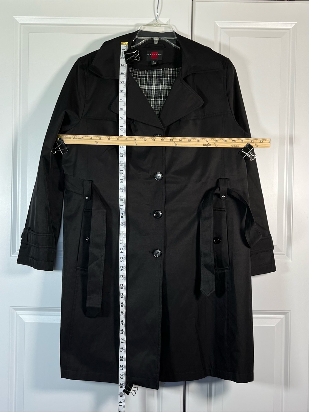 Gallery Trench Coat Size L Black Hooded Belted Removable Hood & Lining - Picture 11 of 13